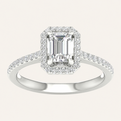 1.25CT Emerald Cut Lab Grown Diamond Halo Side Stone Ring