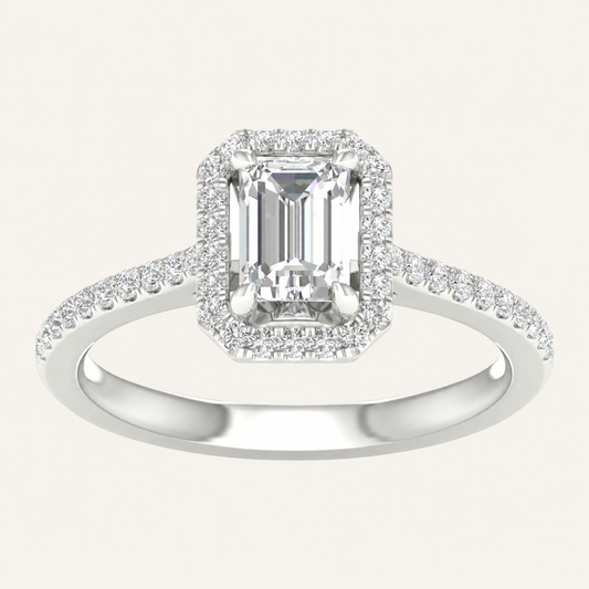 1.25CT Emerald Cut Lab Grown Diamond Halo Side Stone Ring
