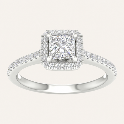 1.25CT Square Cut Lab Grown Diamond Halo Side Stone Ring