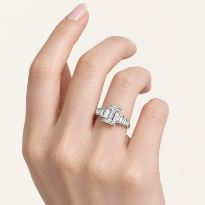 4.06CT Emerald Cut Lab Grown Diamond Side Stone Ring