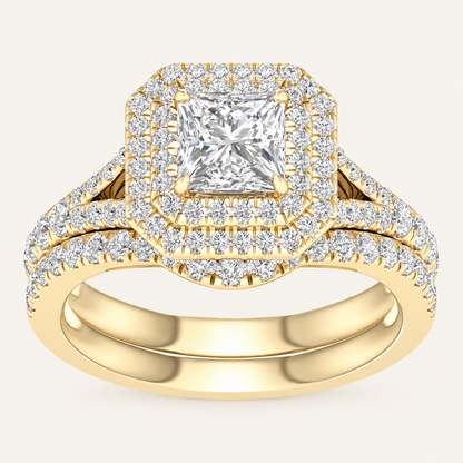 1.75CT Princess Cut Lab Grown Diamond Bridal Halo Set