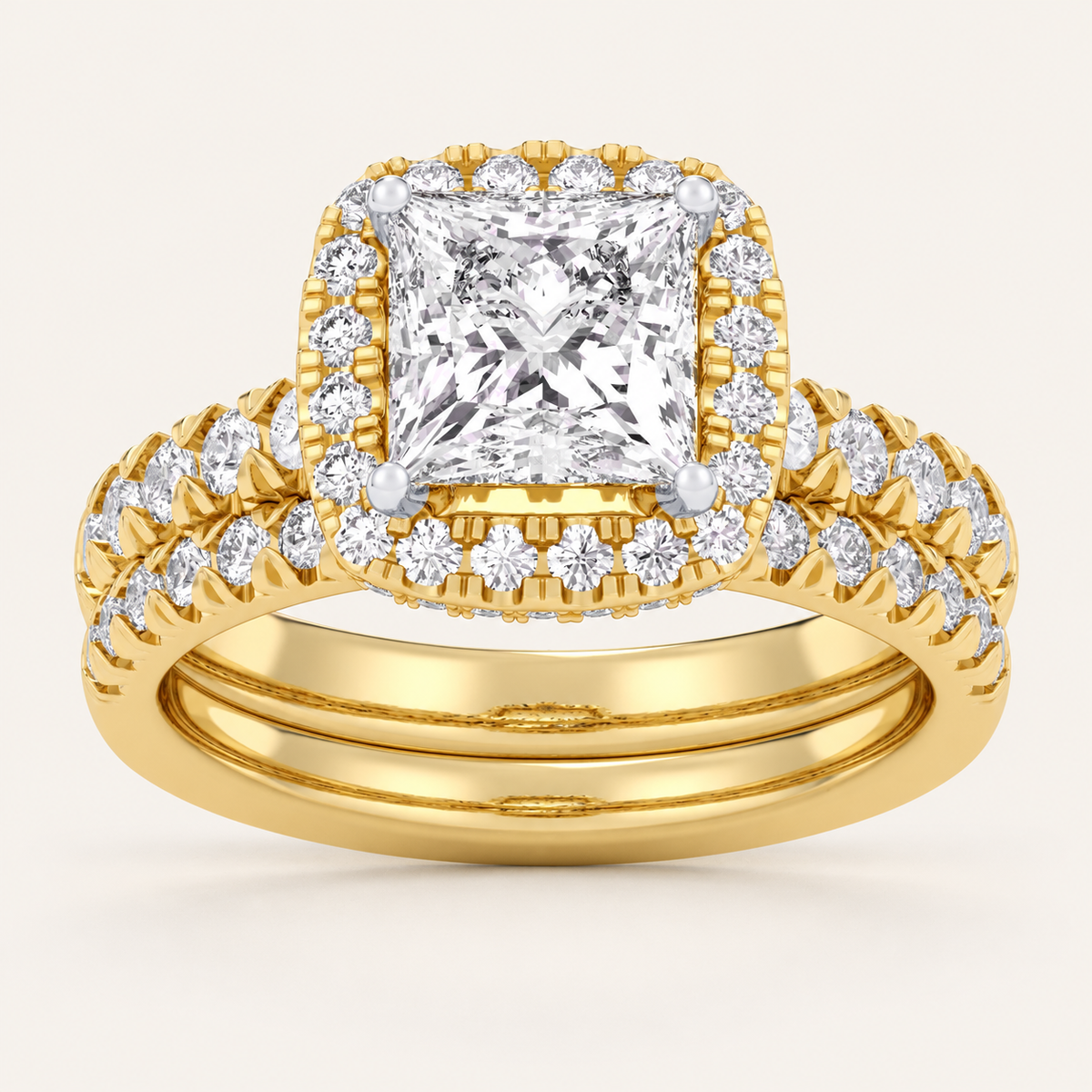 1.62 CT Princess Cut Lab Grown Diamond Halo Bridal Set
