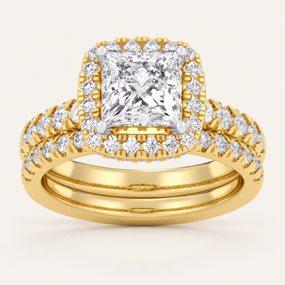 1.62 CT Princess Cut Lab Grown Diamond Halo Bridal Set