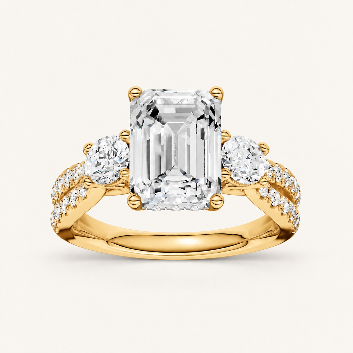 4CT Emerald Cut Lab Grown Diamond Hidden Halo Three Stone Ring