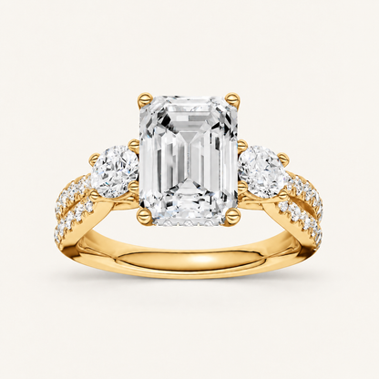 4CT Emerald Cut Lab Grown Diamond Hidden Halo Three Stone Ring