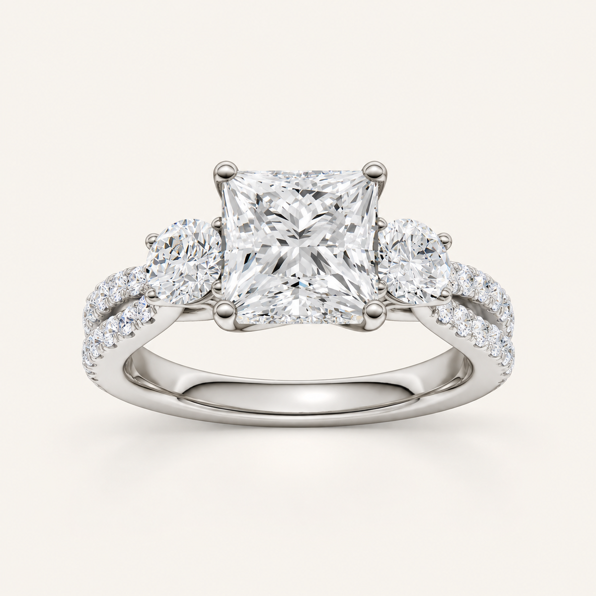 4CT Princess Cut Lab Grown Diamond Hidden Halo Three Stone Ring