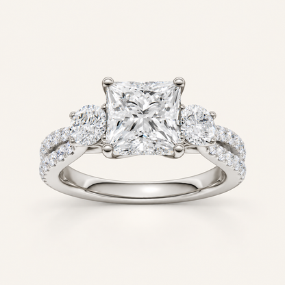 4CT Princess Cut Lab Grown Diamond Hidden Halo Three Stone Ring