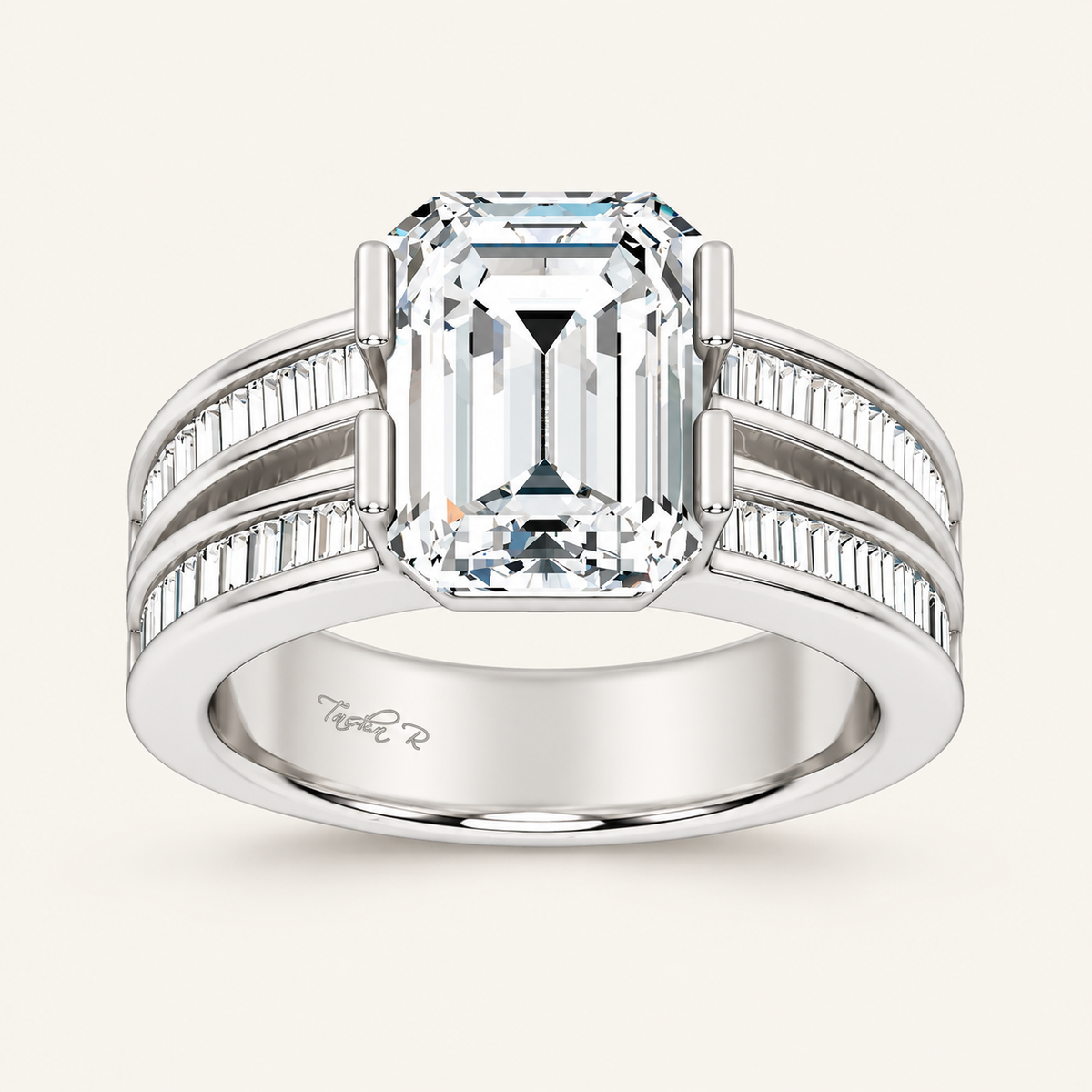 5.46CT Emerald Cut Lab Grown Diamond Side Stone Ring