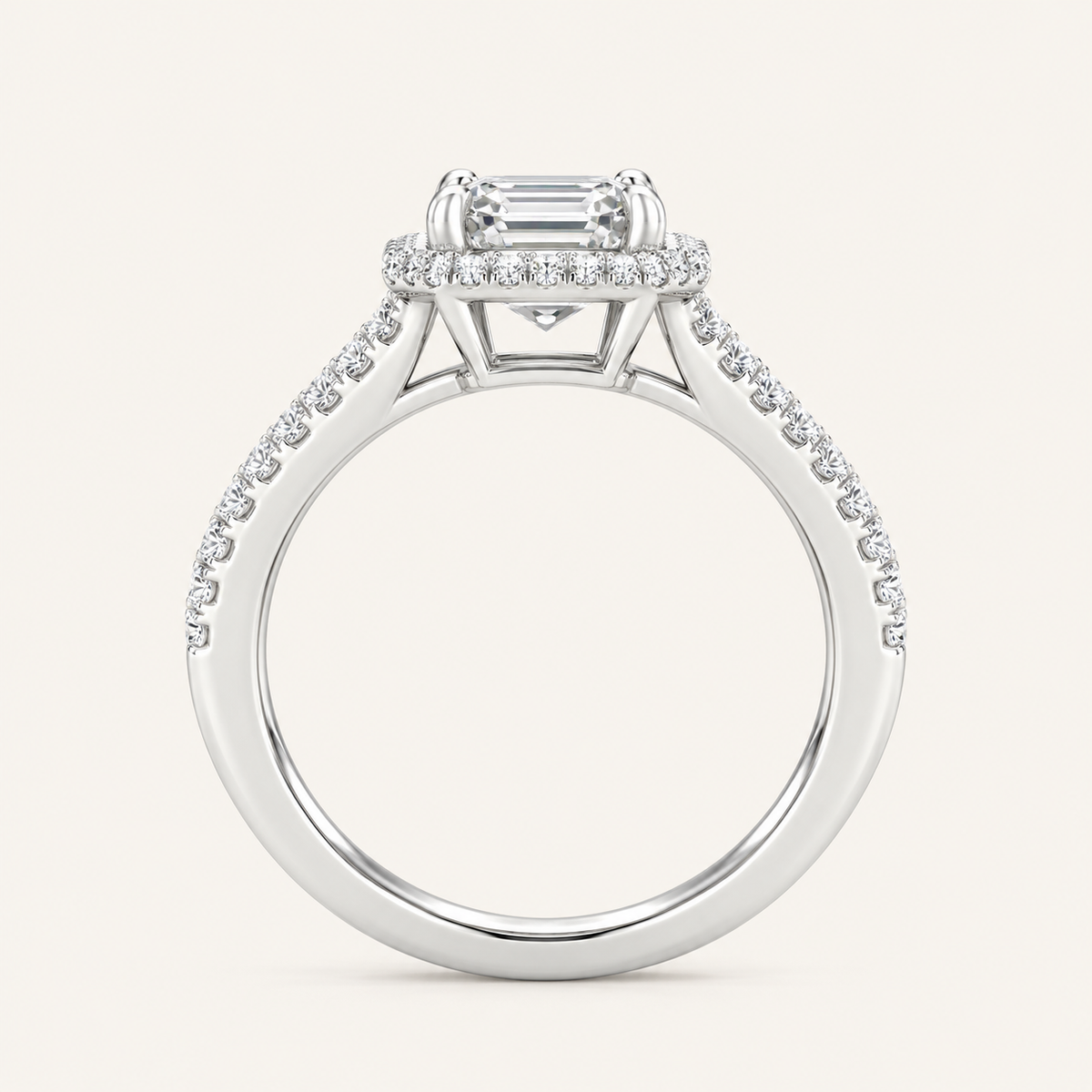 1.25CT Emerald Cut Lab Grown Diamond Halo Side Stone Ring