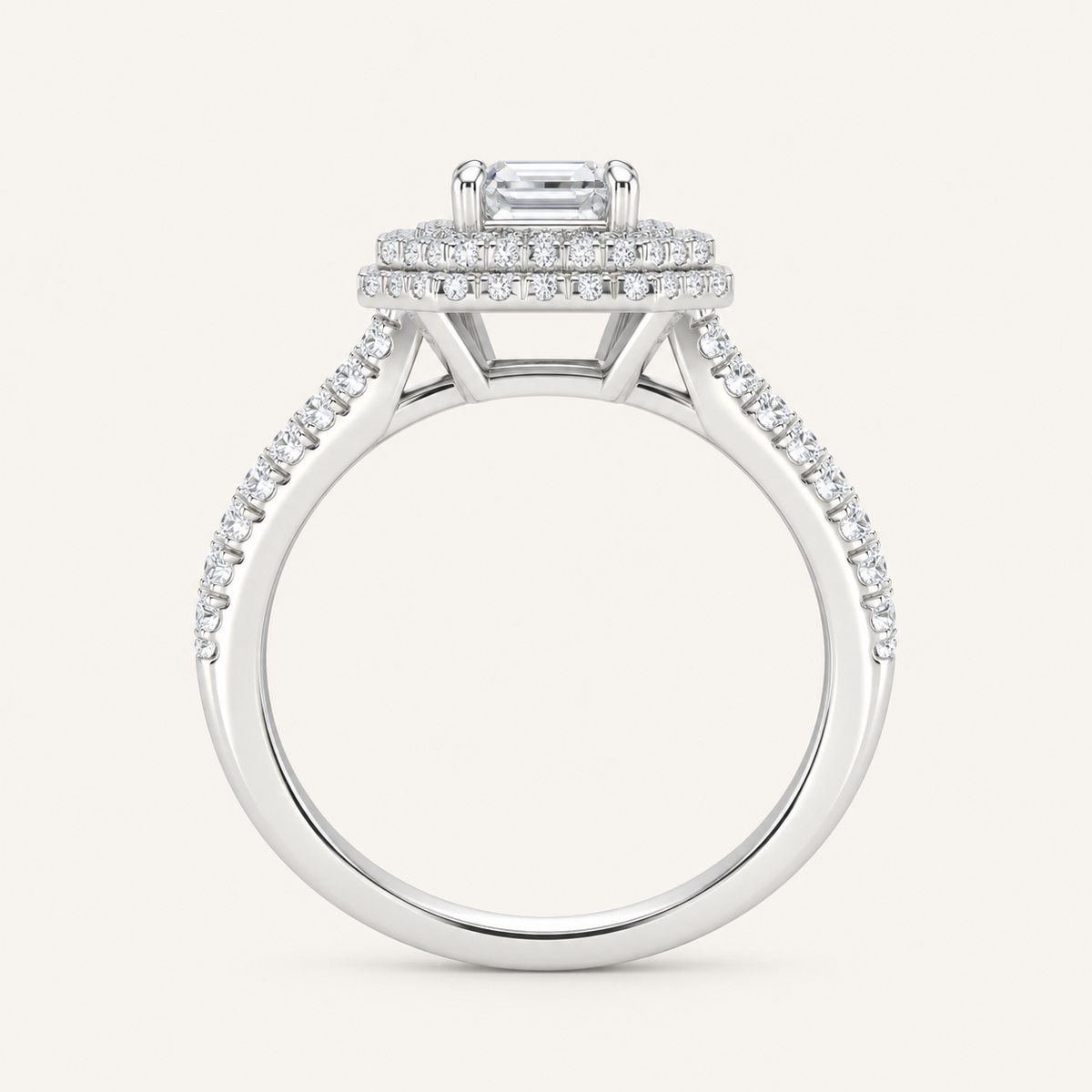1.15CT Emerald Cut Lab Grown Diamond Halo Side Stone Ring