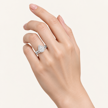 1.19 CT Pear Cut Lab Grown Diamond Halo Bridal Set