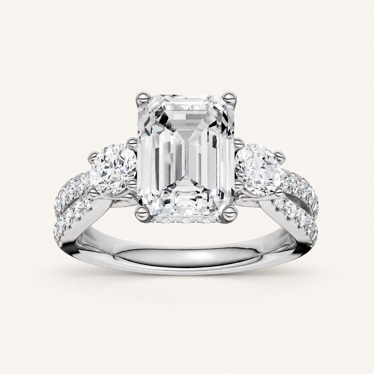 4CT Emerald Cut Lab Grown Diamond Hidden Halo Three Stone Ring