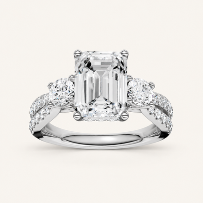 4CT Emerald Cut Lab Grown Diamond Hidden Halo Three Stone Ring