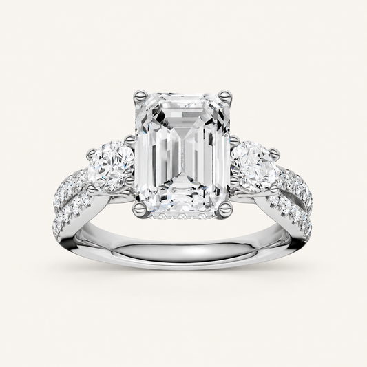 4CT Emerald Cut Lab Grown Diamond Hidden Halo Three Stone Ring