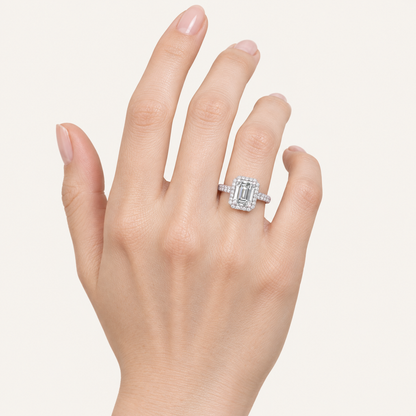2.25CT Emerald Cut Lab Grown Diamond Halo Side Stone Ring