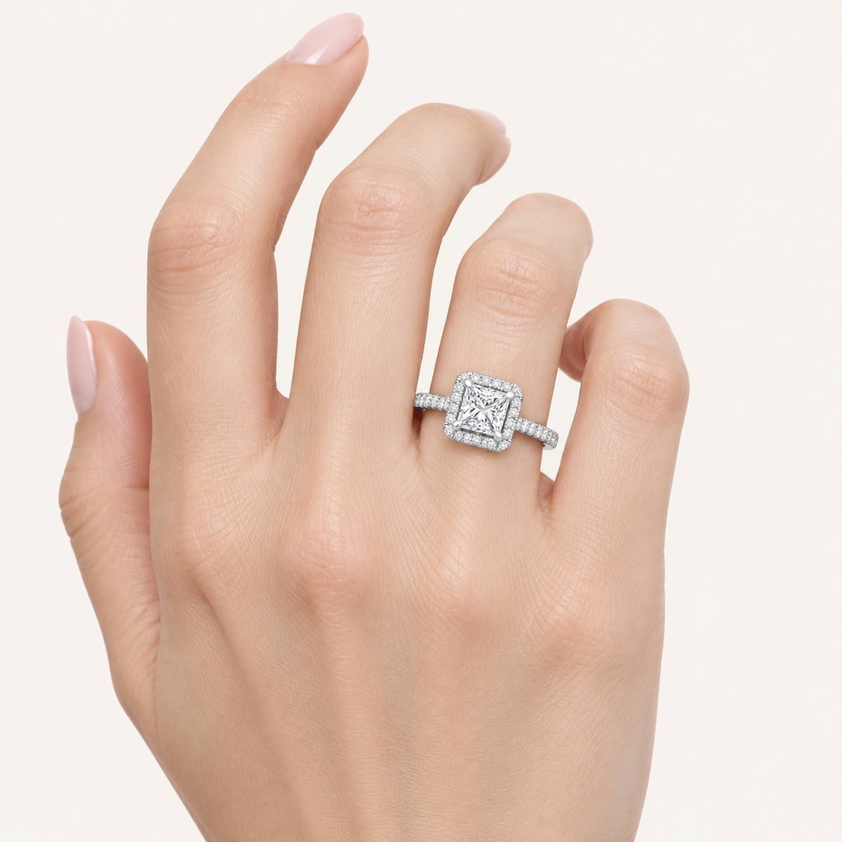 1.25CT Square Cut Lab Grown Diamond Halo Side Stone Ring