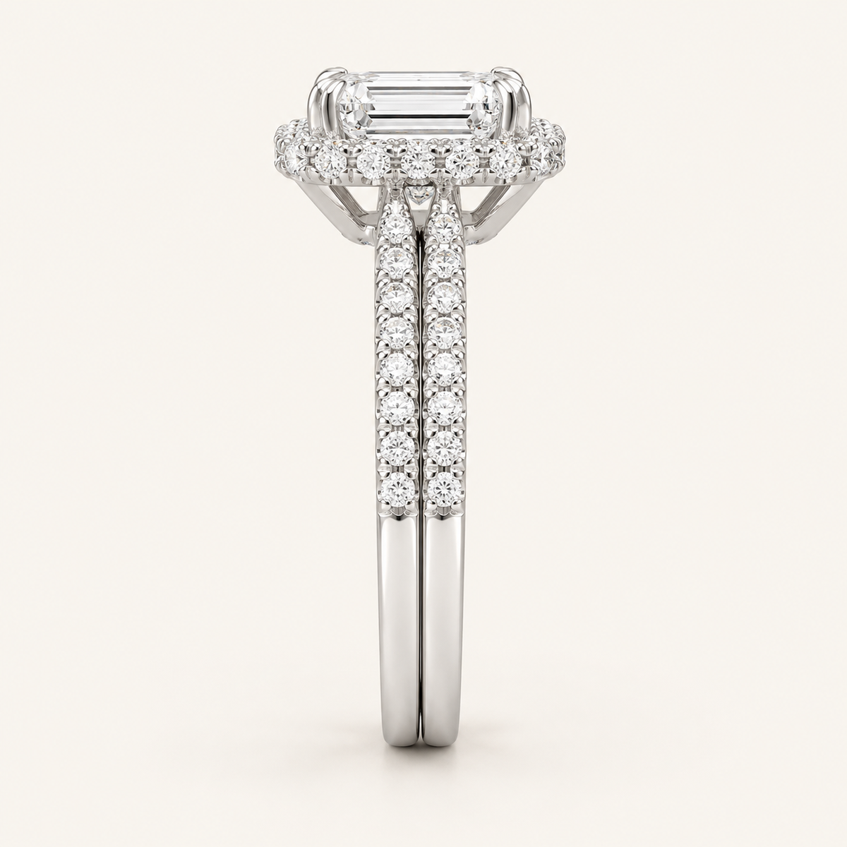 1.78 CT Emerald Cut Lab Grown Diamond Halo Bridal Set