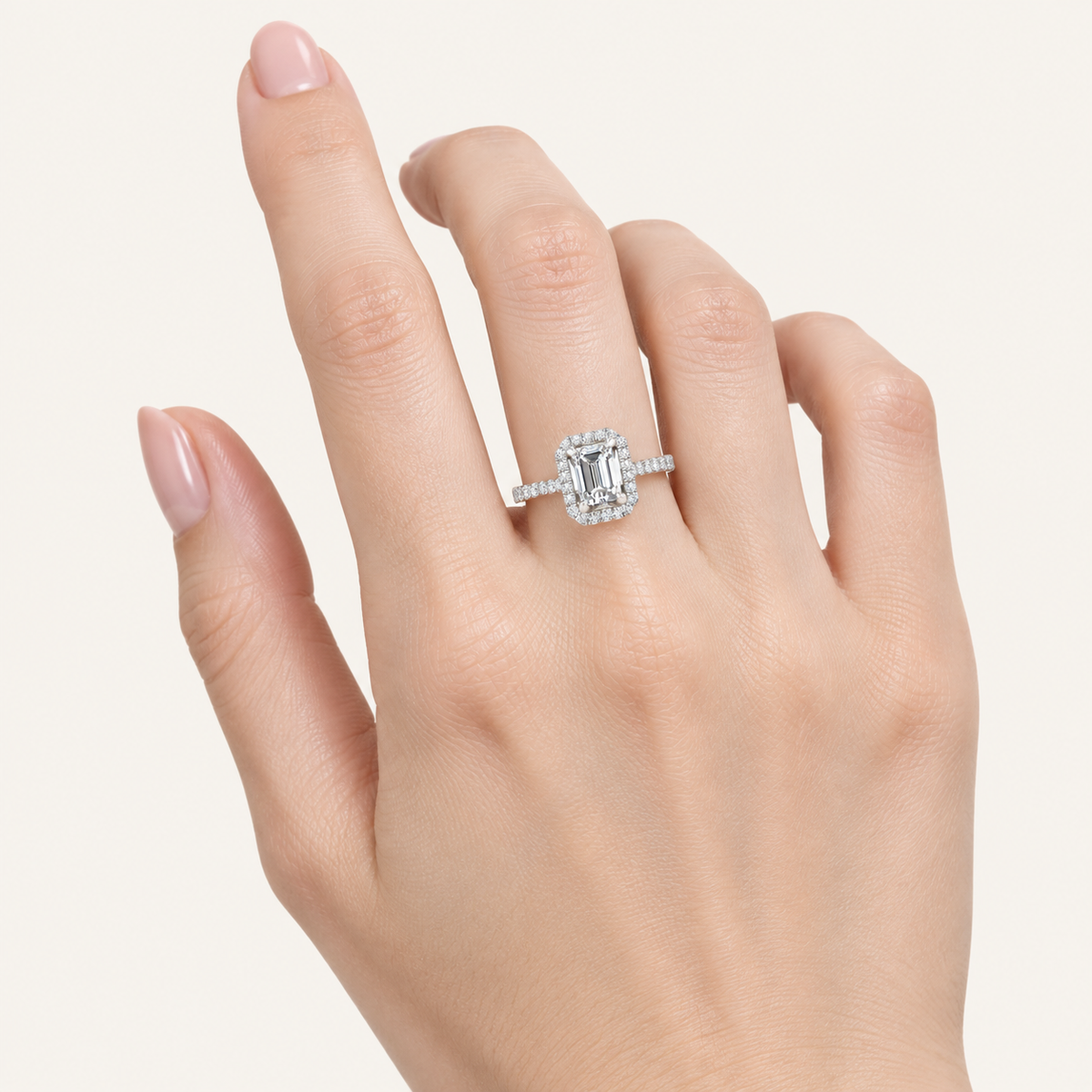 1.25CT Emerald Cut Lab Grown Diamond Halo Side Stone Ring