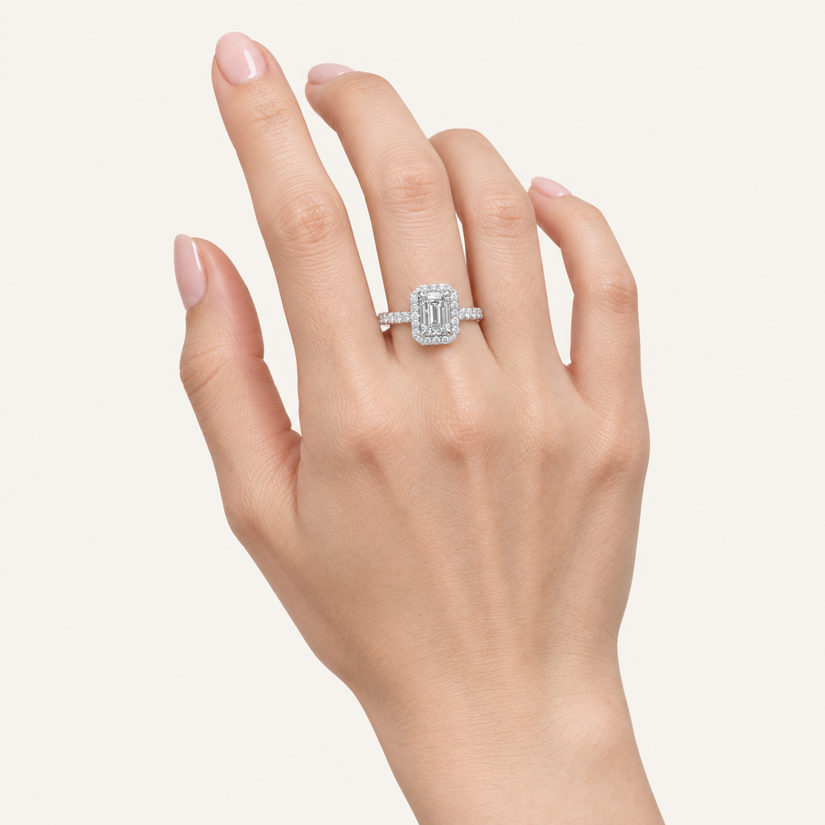 1.75CT Emerald Cut Lab Grown Diamond Halo Side Stone Ring