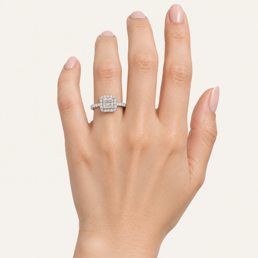 1.00CT Princess Cut Lab Grown Diamond Halo Side Stone Ring