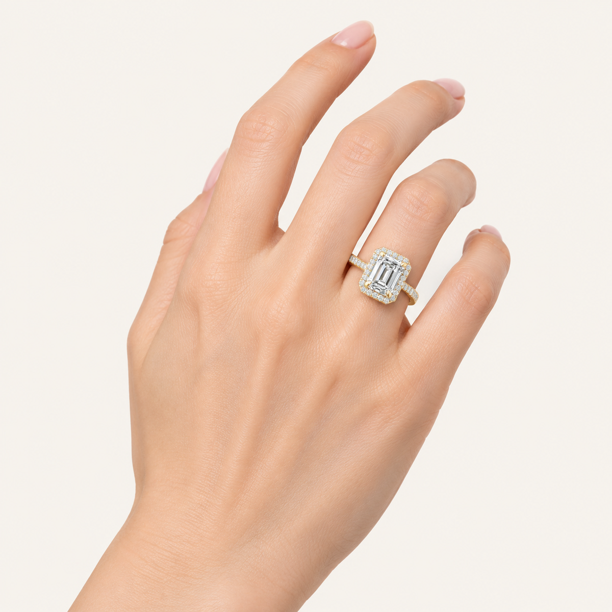 2.25CT Emerald Cut Lab Grown Diamond Halo Side Stone Ring