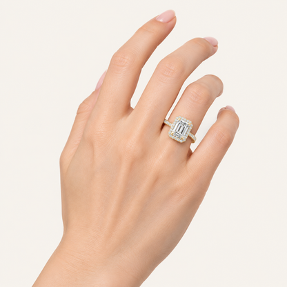 2.25CT Emerald Cut Lab Grown Diamond Halo Side Stone Ring