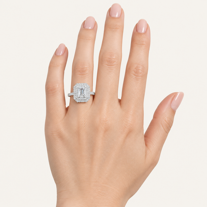1.15CT Emerald Cut Lab Grown Diamond Halo Side Stone Ring