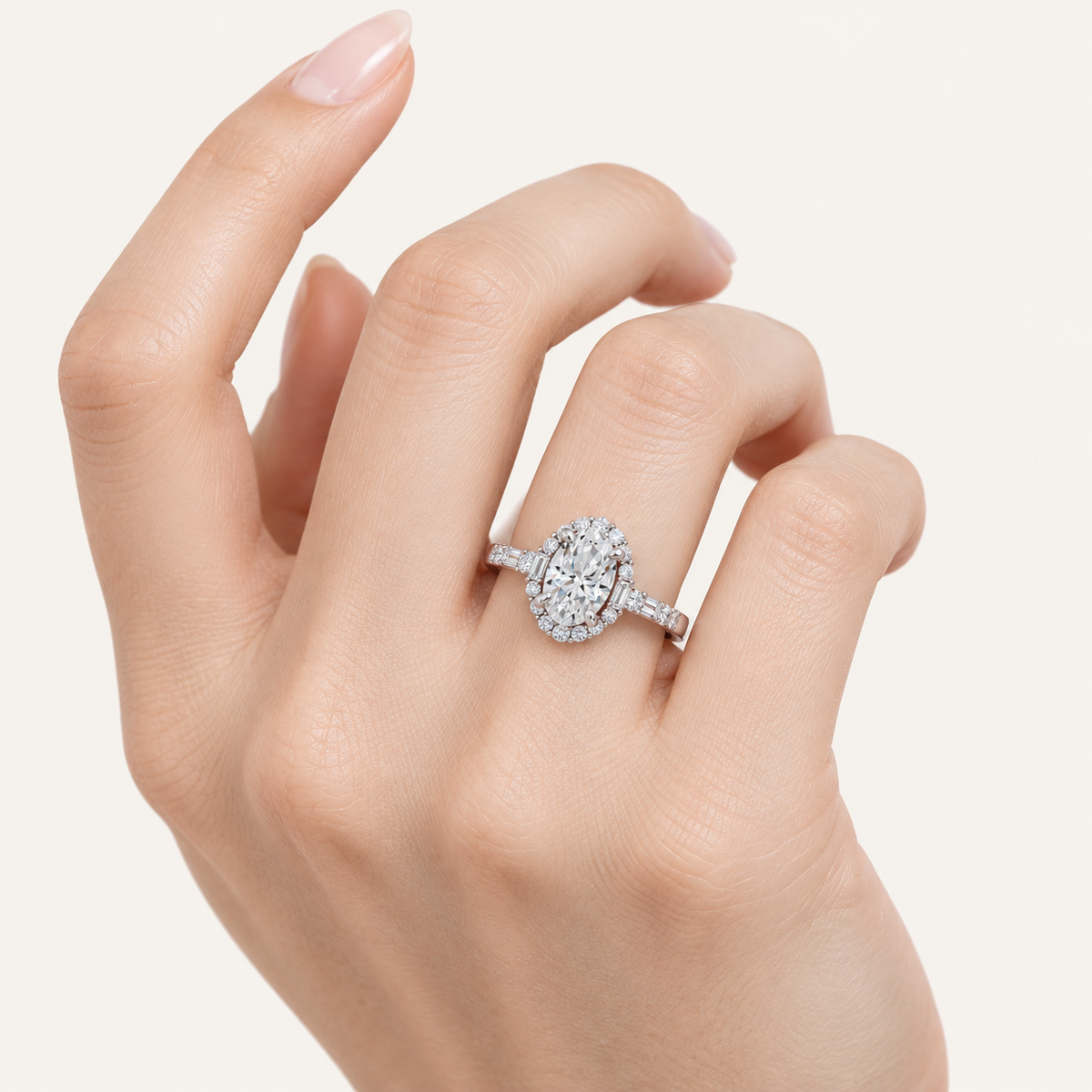 3.82CT Oval Cut Lab Grown Diamond Halo Side Stone Ring