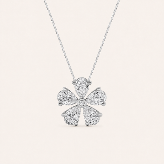 1.5CT Pear Cut Lab Grown Diamond Floral Pendant Necklace