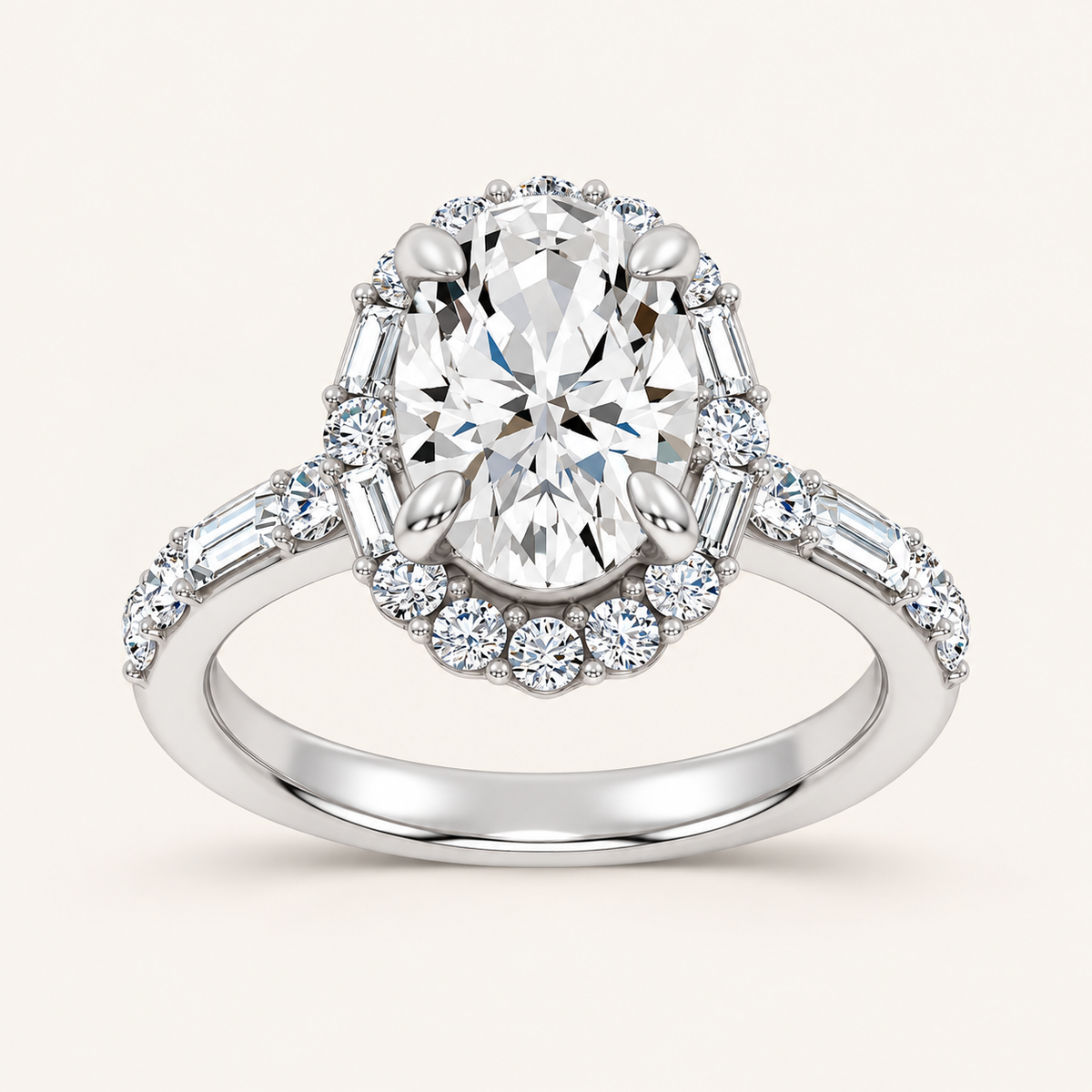 3.82CT Oval Cut Lab Grown Diamond Halo Side Stone Ring
