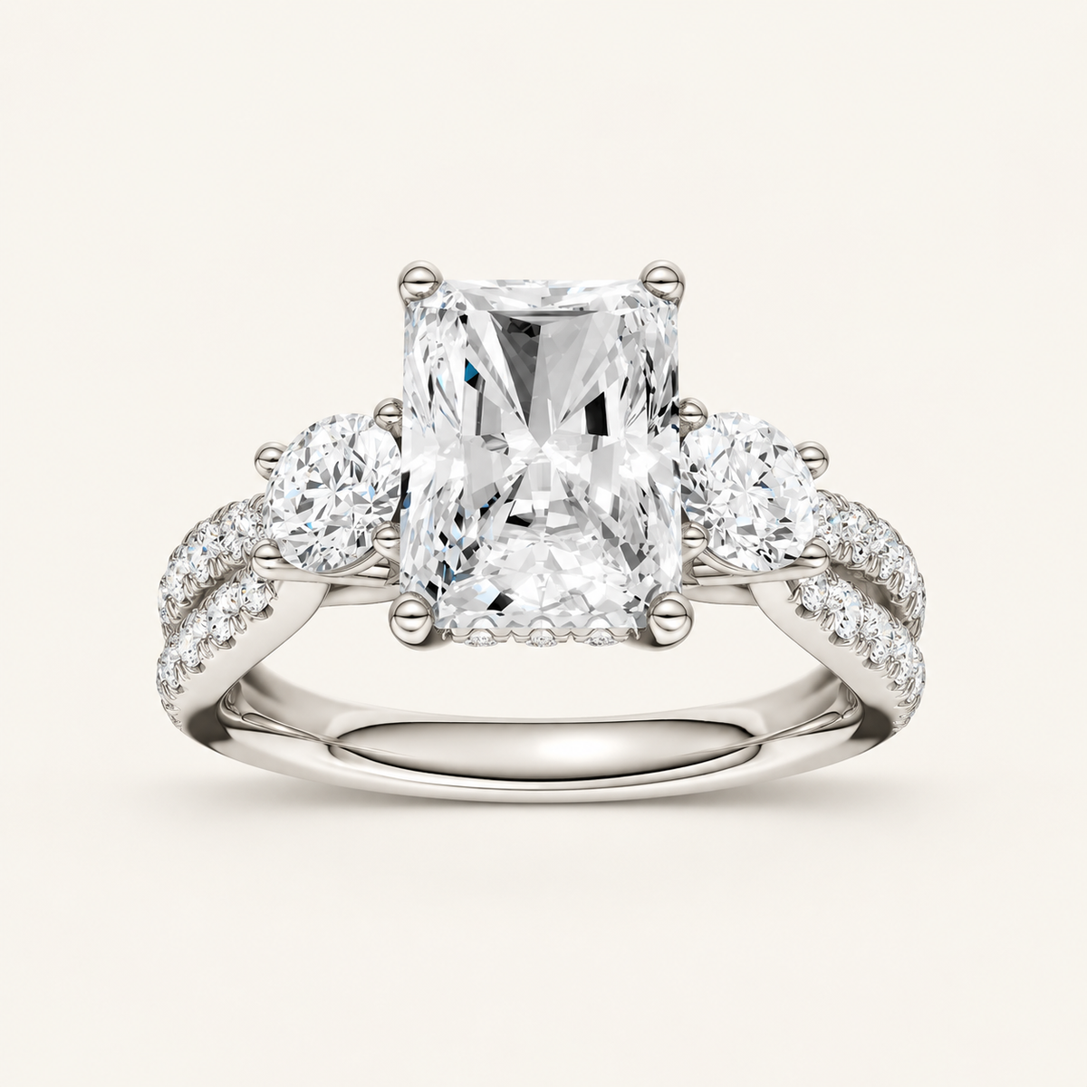 4CT Radiant Cut Lab Grown Diamond Hidden Halo Three Stone Ring