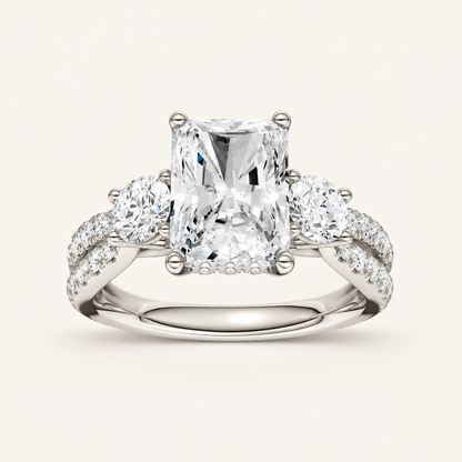 4CT Radiant Cut Lab Grown Diamond Hidden Halo Three Stone Ring