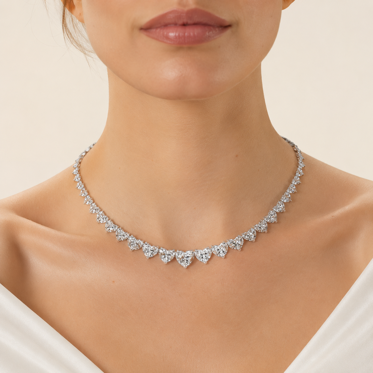 65CT Heart Cut Lab Grown Diamond Tennis Necklace