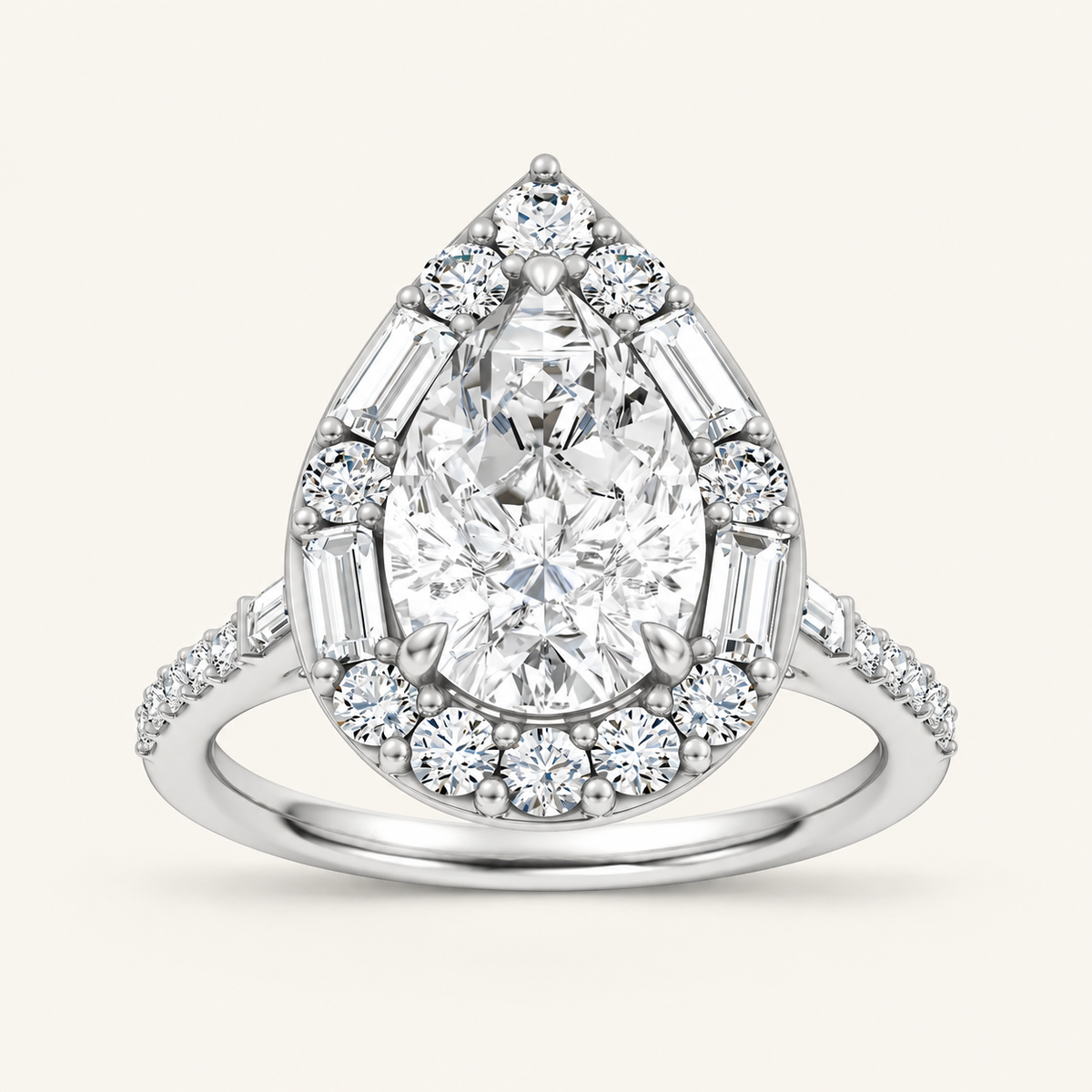 3.75CT Pear Cut Lab Grown Diamond Halo Side Stone Ring