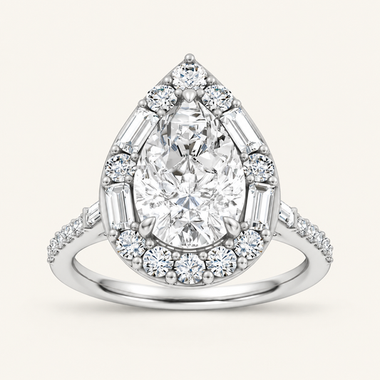 3.75CT Pear Cut Lab Grown Diamond Halo Side Stone Ring