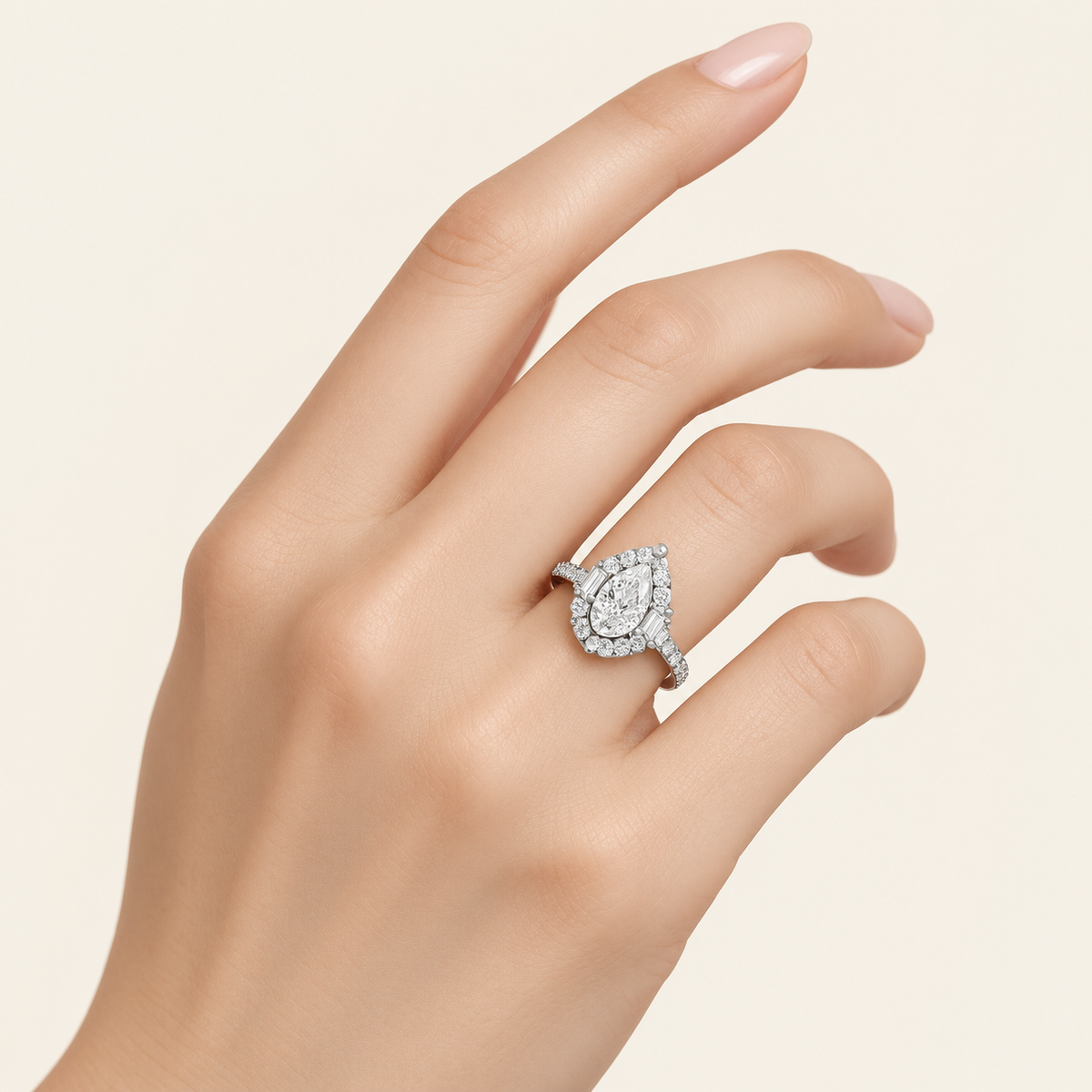 3.75CT Pear Cut Lab Grown Diamond Halo Side Stone Ring