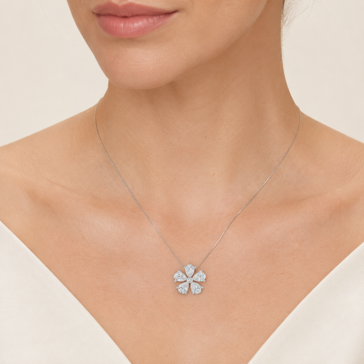 1.5CT Pear Cut Lab Grown Diamond Floral Pendant Necklace