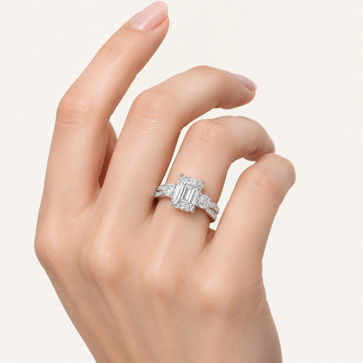 4CT Emerald Cut Lab Grown Diamond Hidden Halo Three Stone Ring