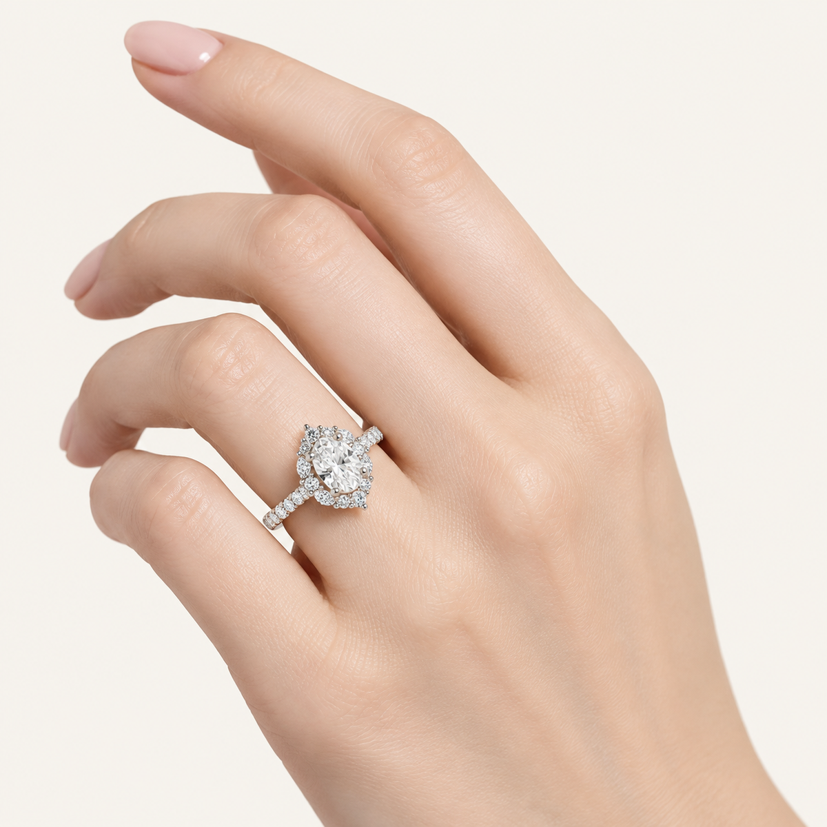 1.40CT Oval Cut Lab Grown Diamond Halo Side Stone Ring