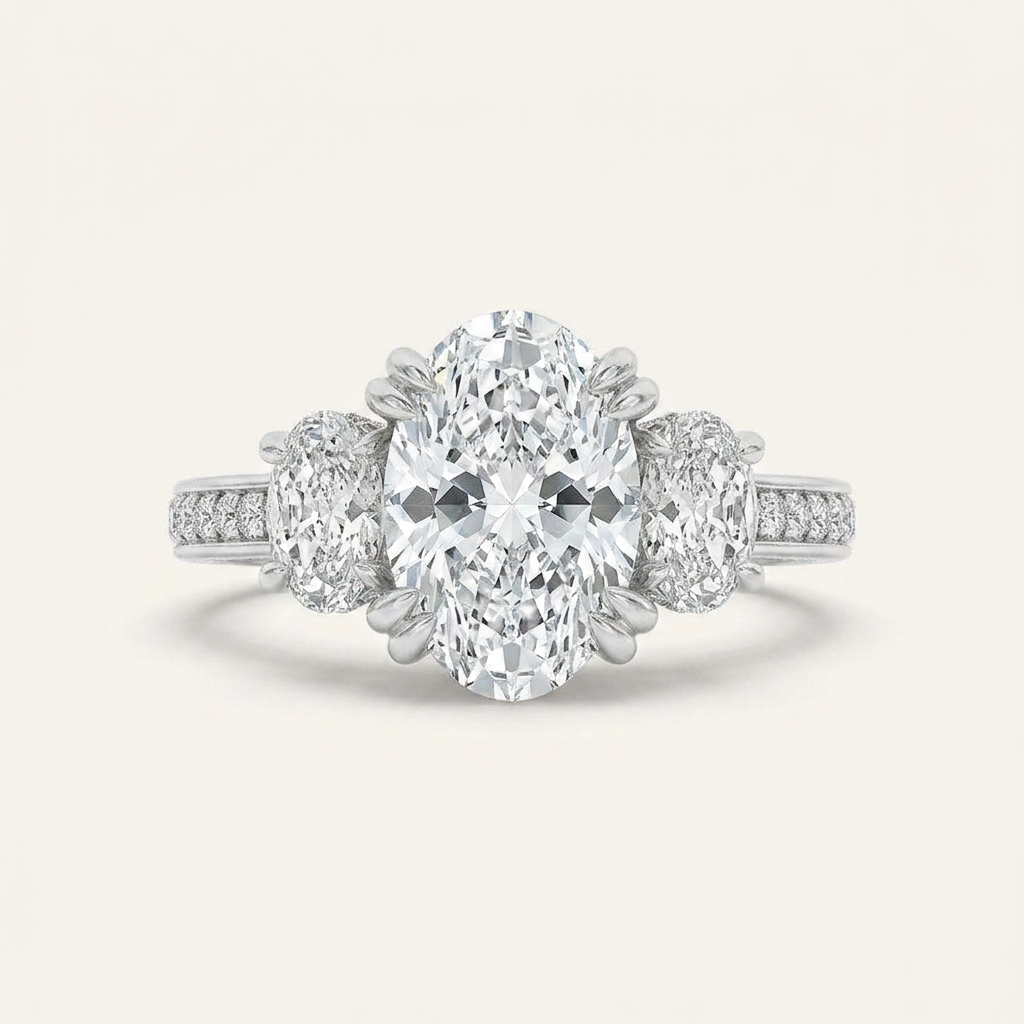 3CT Oval Cut Lab Grown Diamond Three Stone Engagement Ring