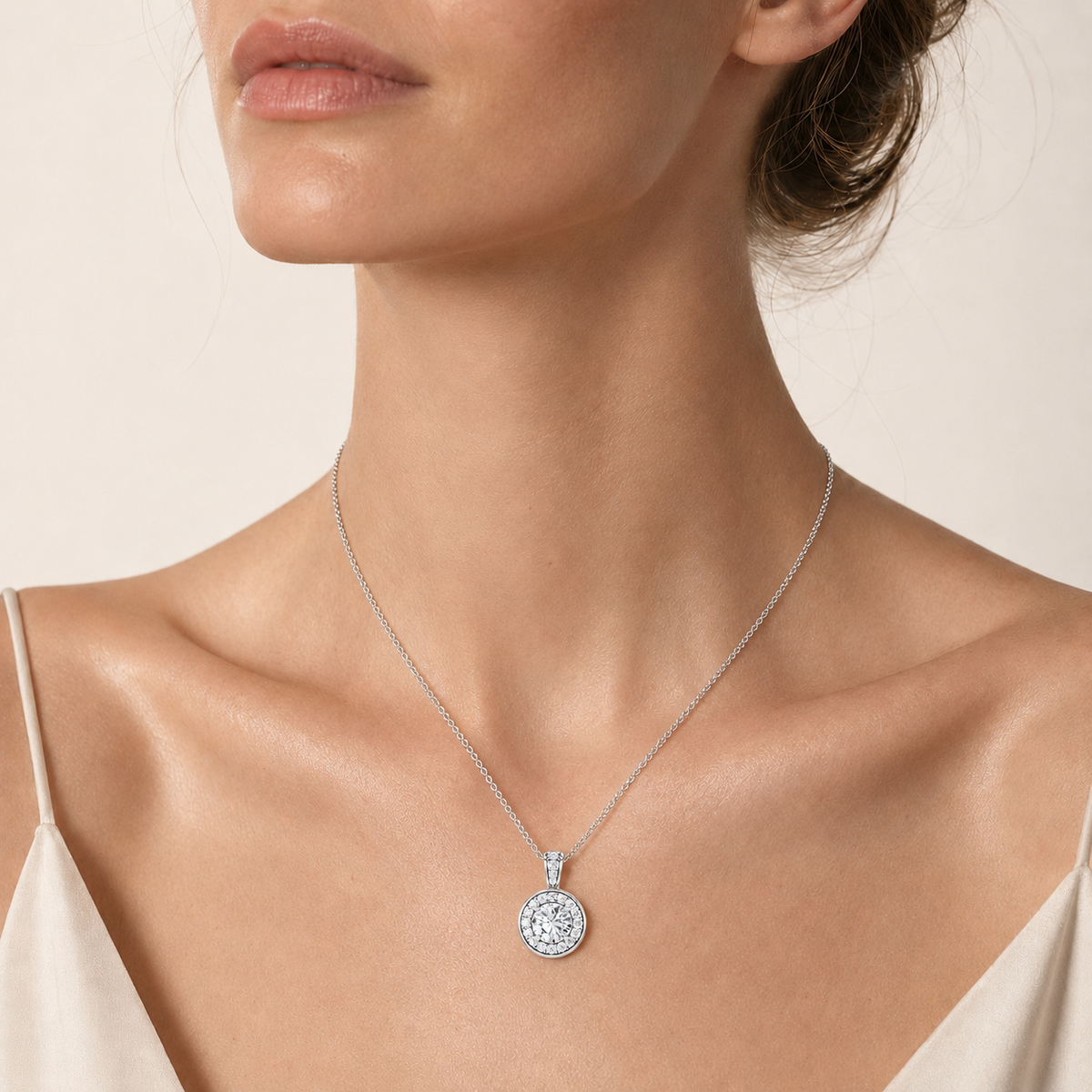 0.75CT Round Cut Lab Grown Diamond Halo Pendant Necklace