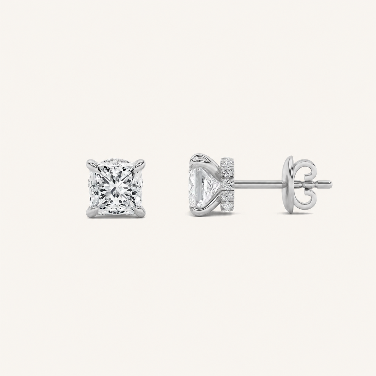 2CT Princess Cut Lab Grown Diamond Hidden Halo Stud Earrings