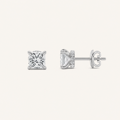 2CT Princess Cut Lab Grown Diamond Hidden Halo Stud Earrings