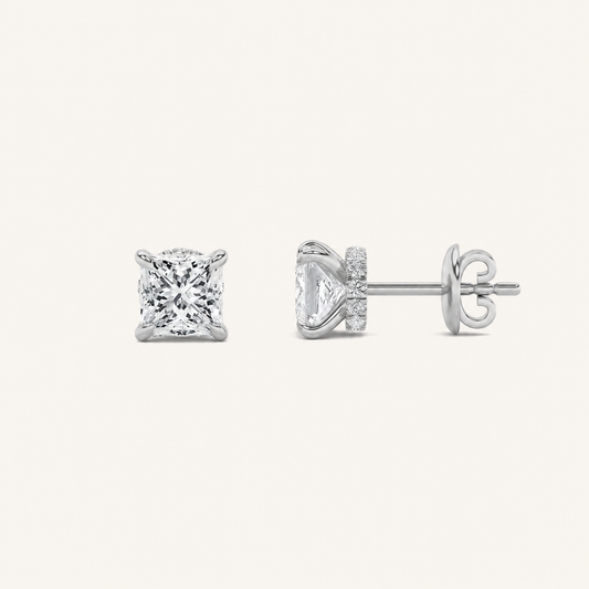 2CT Princess Cut Lab Grown Diamond Hidden Halo Stud Earrings