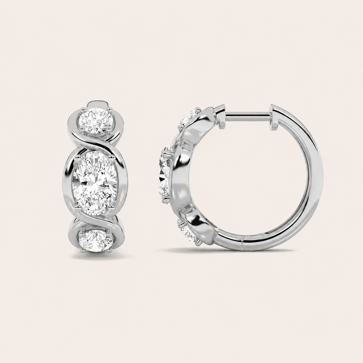 2.5CT Oval Cut Lab Grown Diamond Three Stone Huggie Earrings