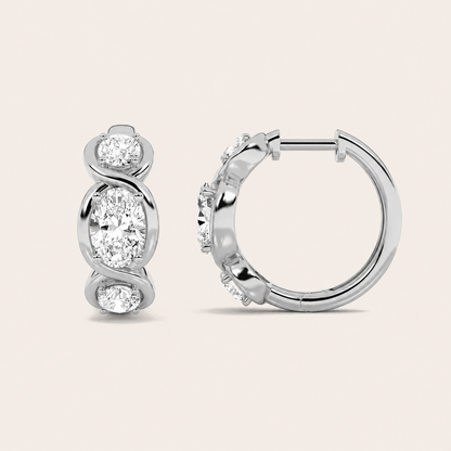 2.5CT Oval Cut Lab Grown Diamond Three Stone Huggie Earrings