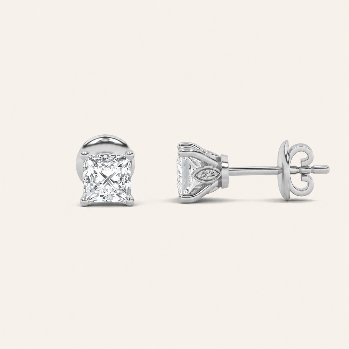 2CT Princess Cut Lab Grown Diamond Tulip Head Stud Earrings