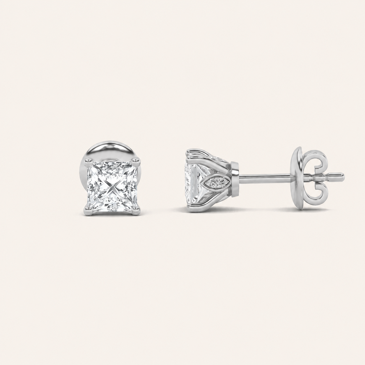 2CT Princess Cut Lab Grown Diamond Tulip Head Stud Earrings
