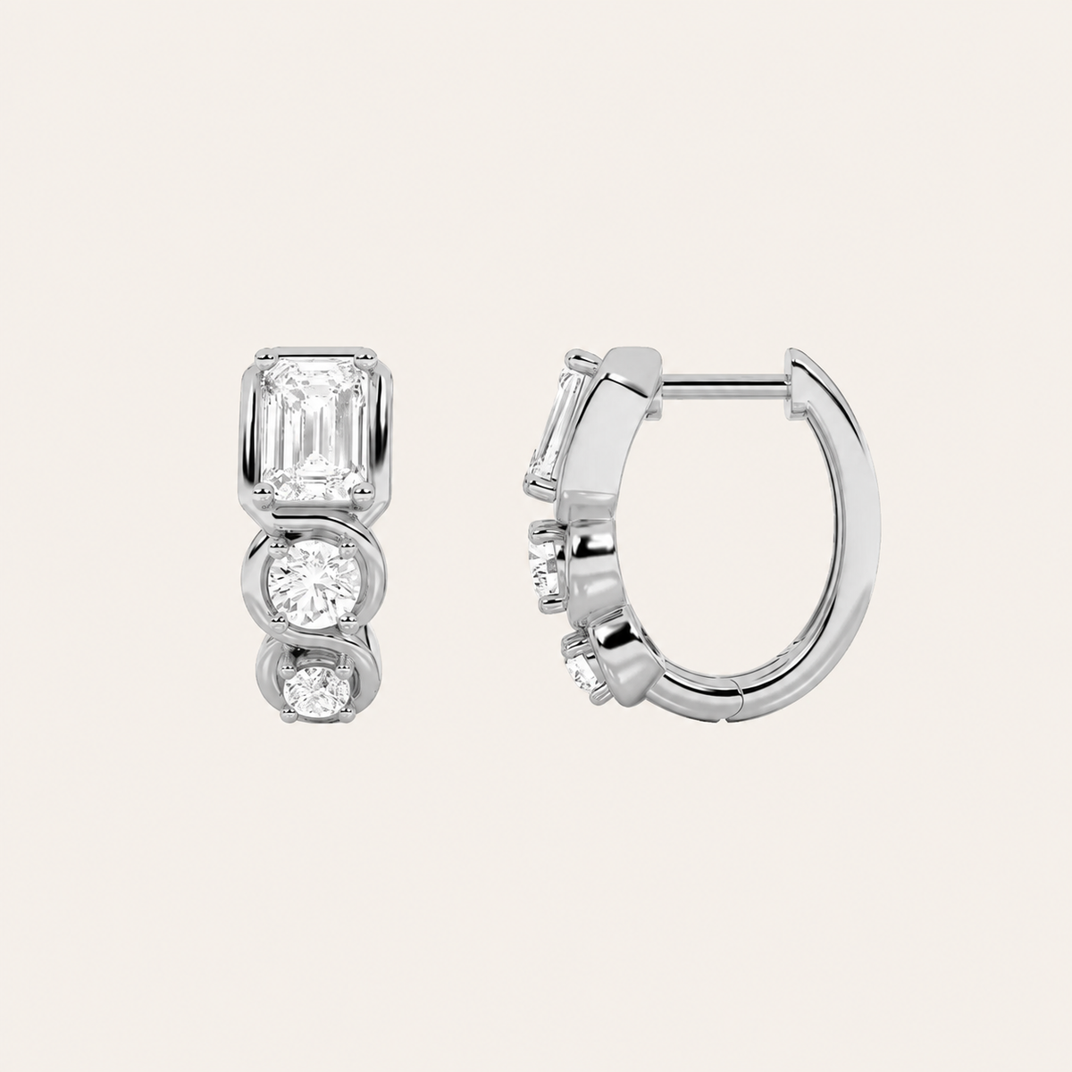 2.5CT Emerald Cut Lab Grown Diamond Three Stone Huggie Earrings
