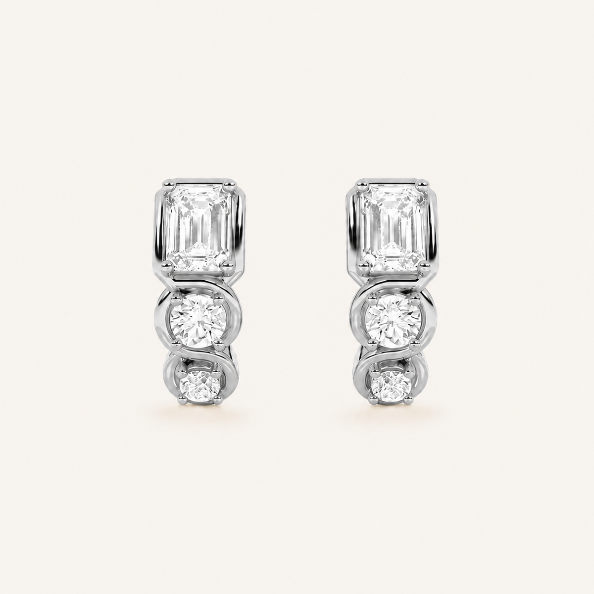 2.5CT Emerald Cut Lab Grown Diamond Three Stone Huggie Earrings
